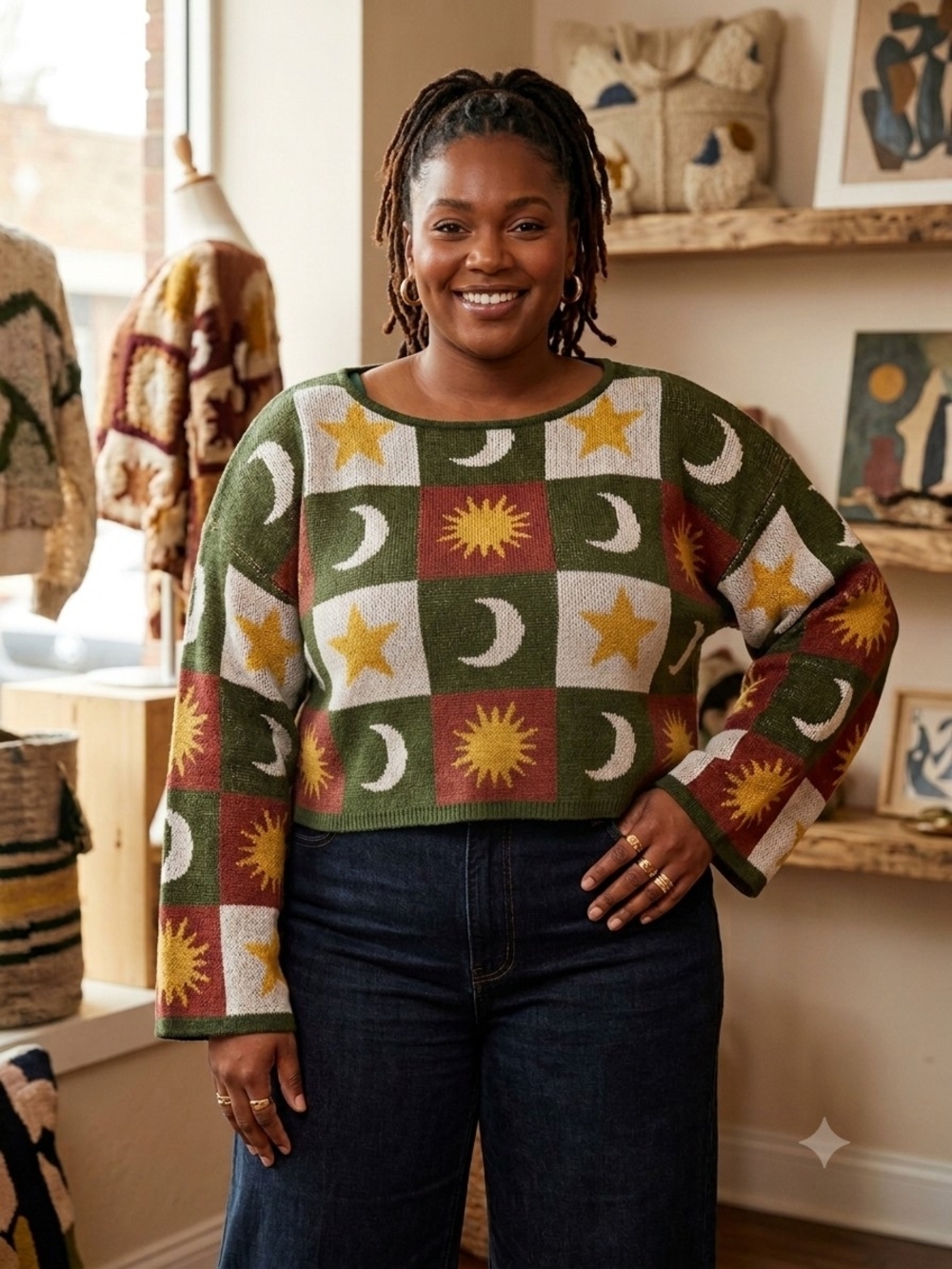 ROMWE Celestial Check Knit Sweater - Green, Mustard, Rust, Cream